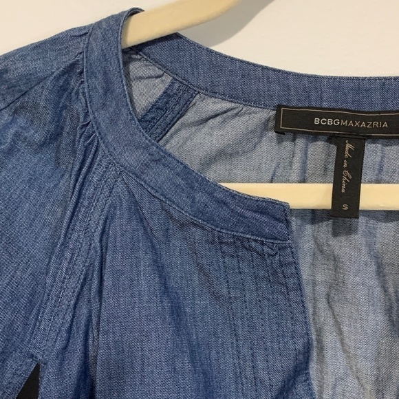 BCBGMaxazria Suzie Bell Sleeve Deep Chambray Top | Denim 80s 90s Inspired Blouse - Picture 2 of 6